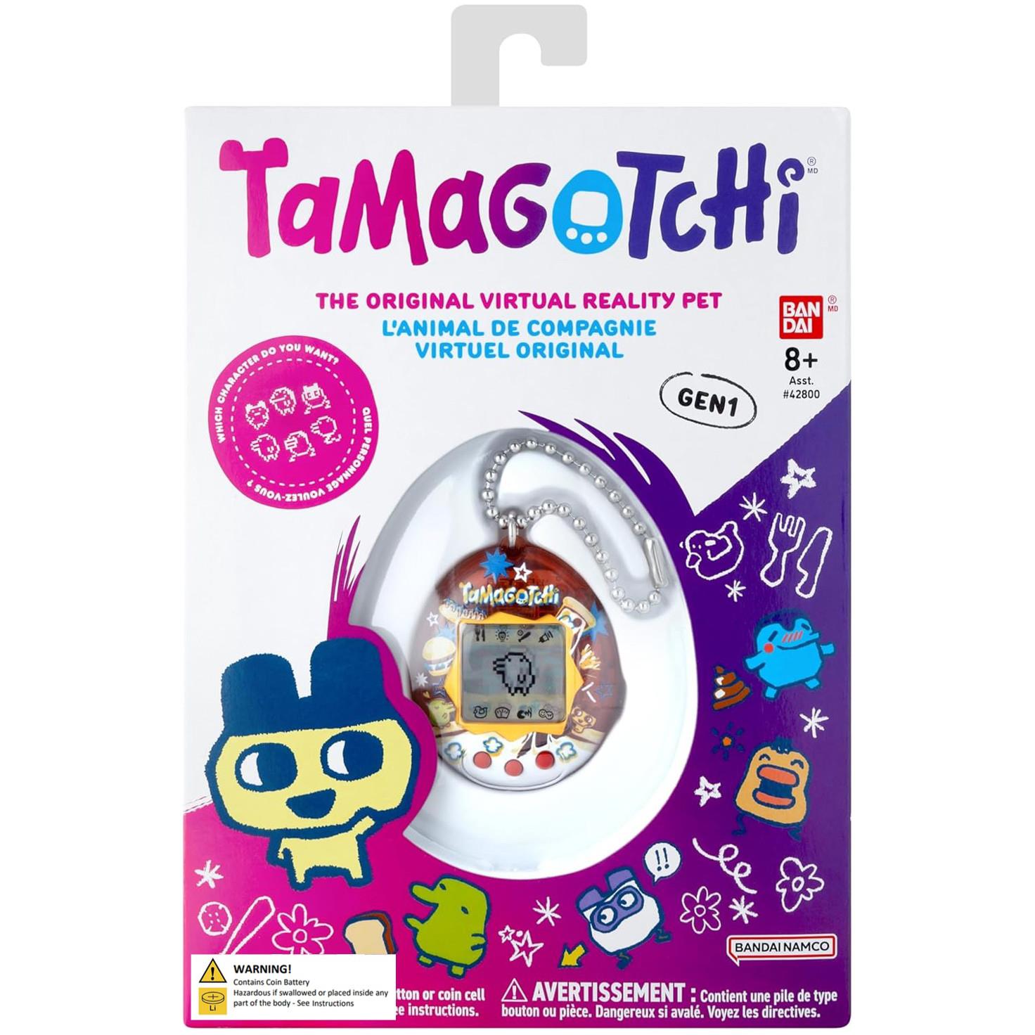 Tamagotchi Gen 1 retail box with blister window and original virtual pet graphics