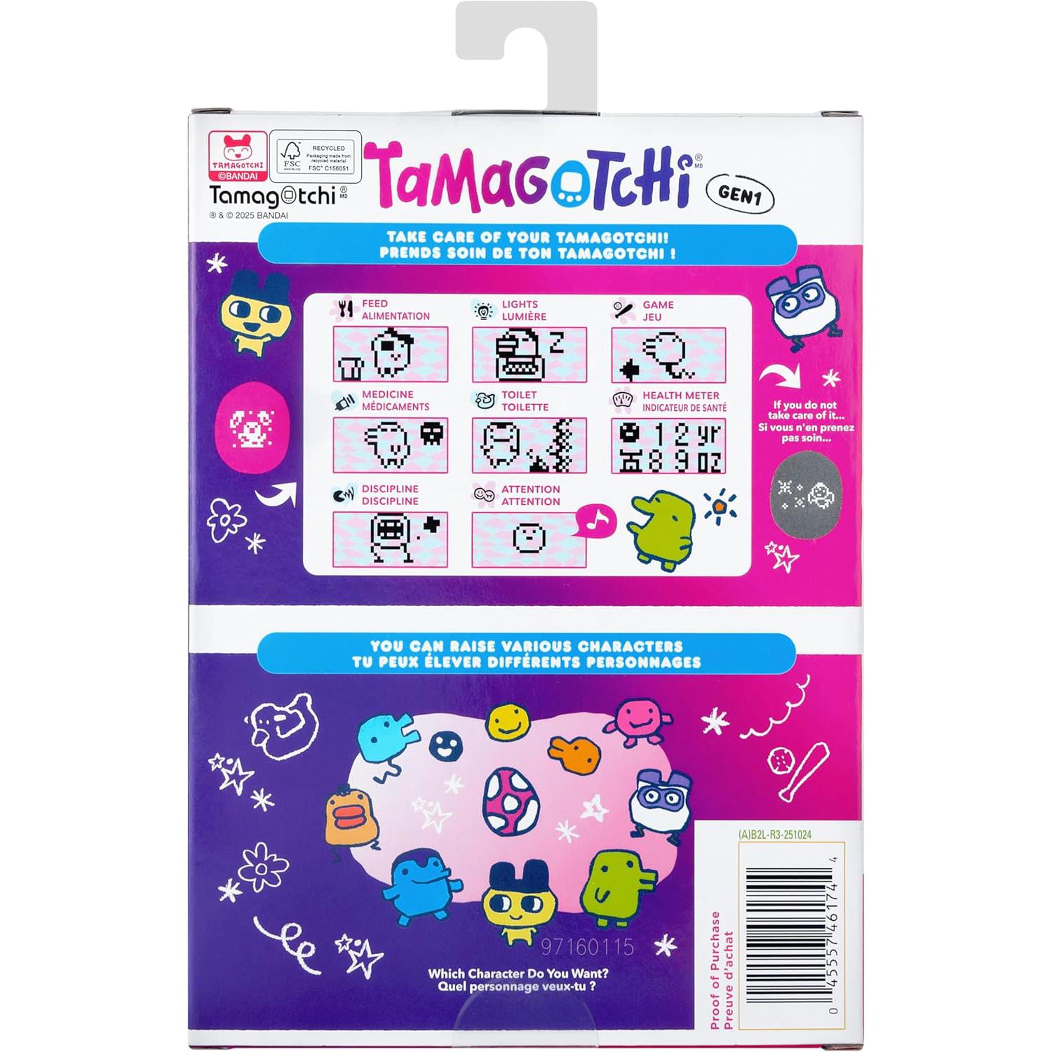 Tamagotchi Gen 1 retail box back with care instructions and character chart graphics