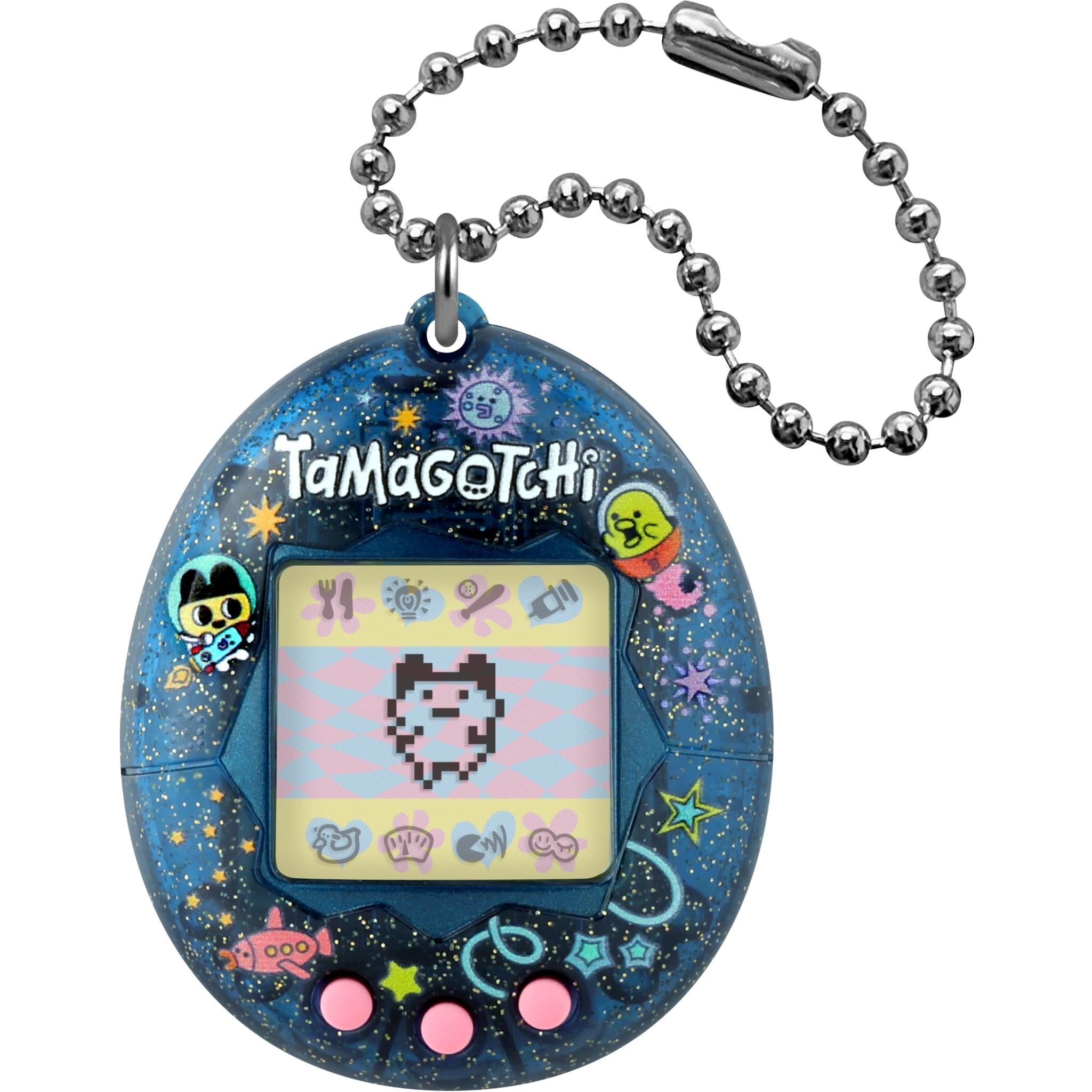 Blue virtual pet keychain with oval screen, pink buttons, and silver ball chain.