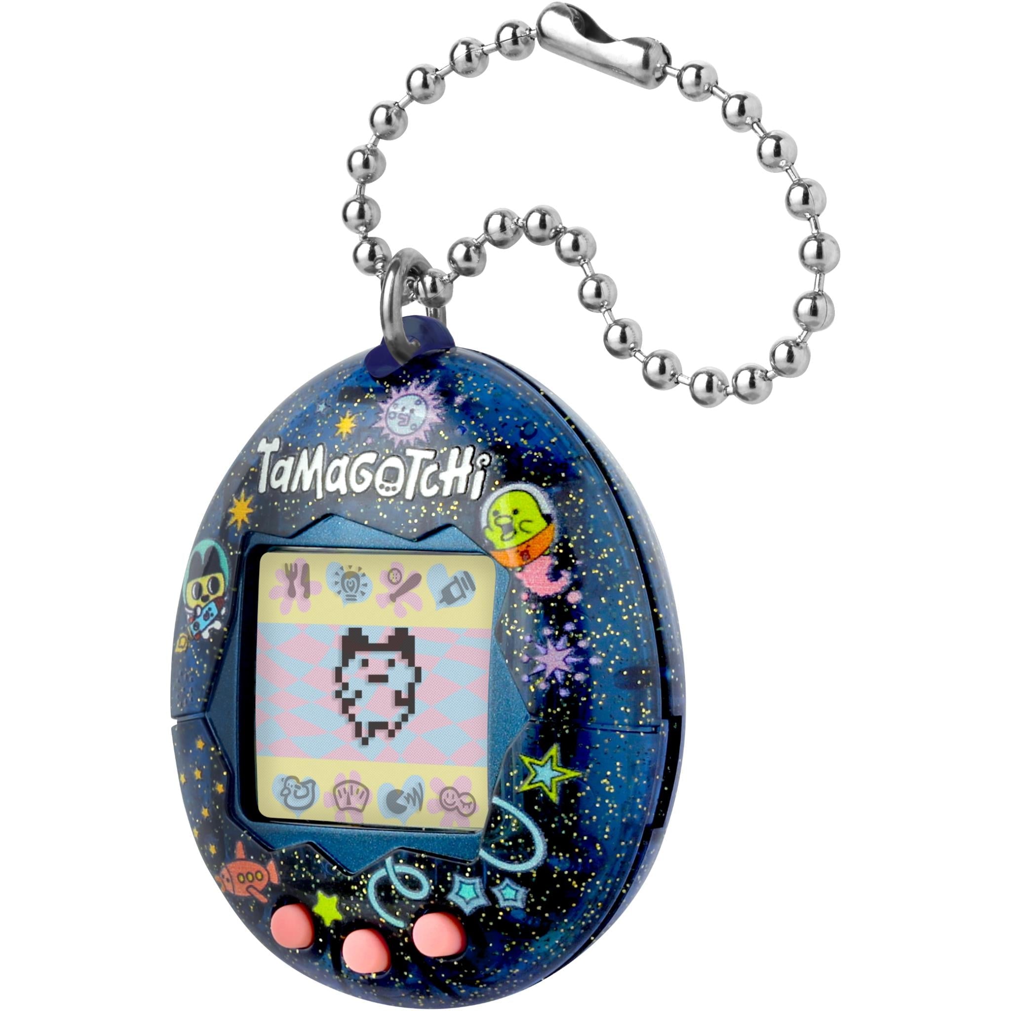 Blue virtual pet keychain, side angle with oval screen and silver ball chain.