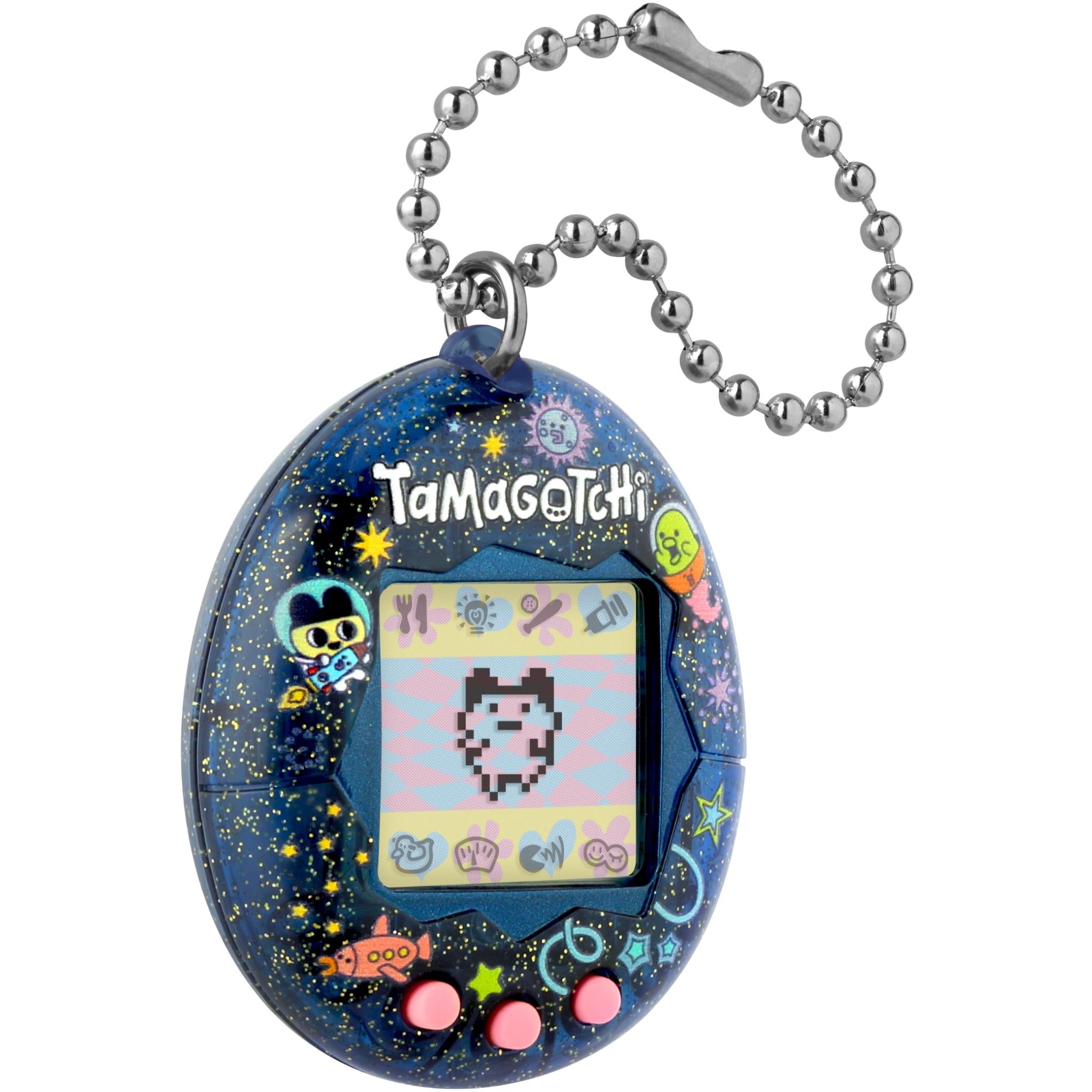 Blue virtual pet keychain close-up with oval screen and silver ball chain loop.