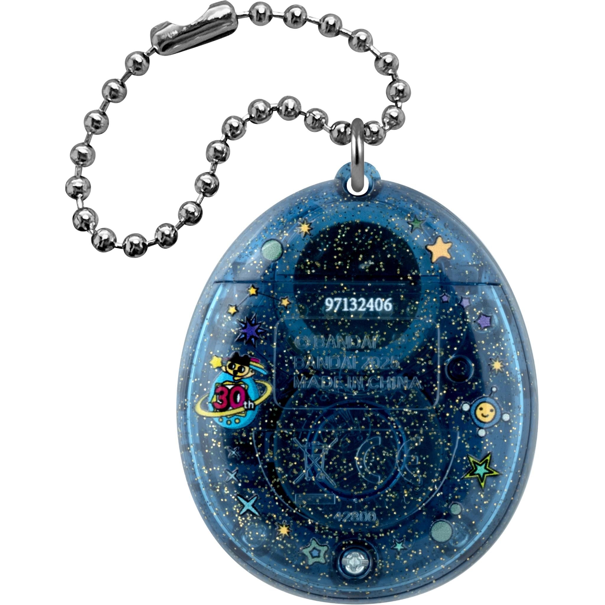Blue virtual pet keychain back with star patterns and silver ball chain.
