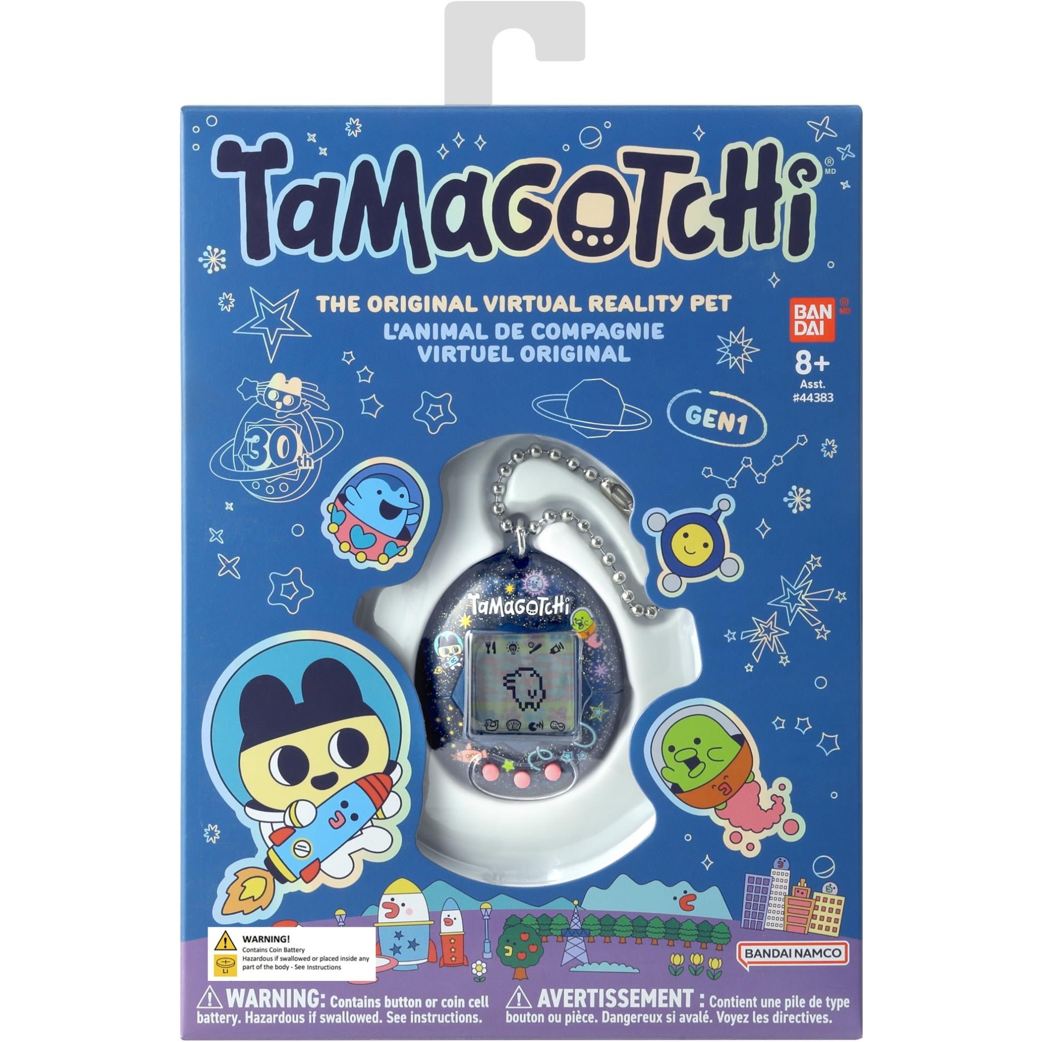 Tamagotchi Gen 1 30th anniversary virtual pet toy blister pack, Bandai Namco branding.