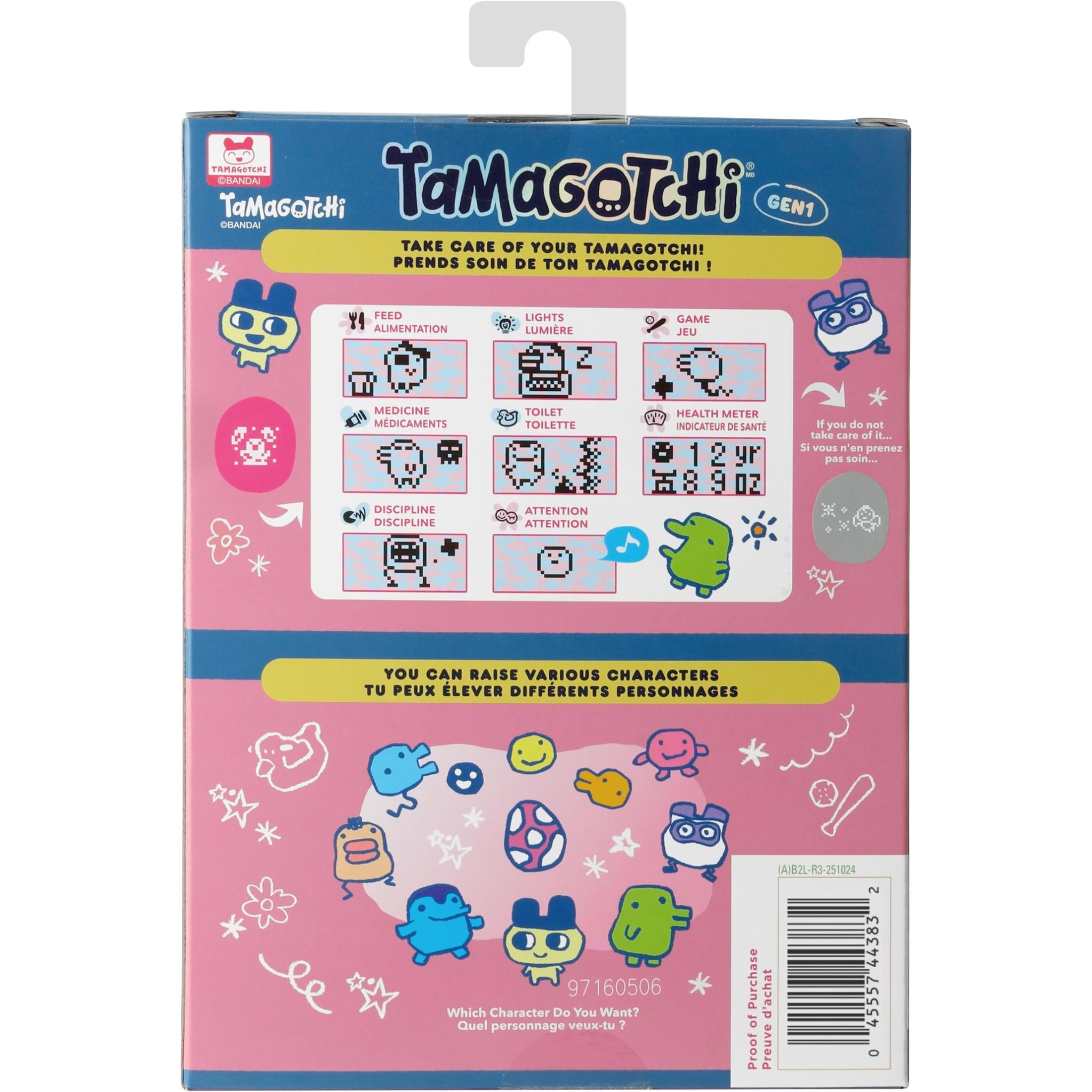 Tamagotchi Gen 1 virtual pet toy package back with care chart and character list.