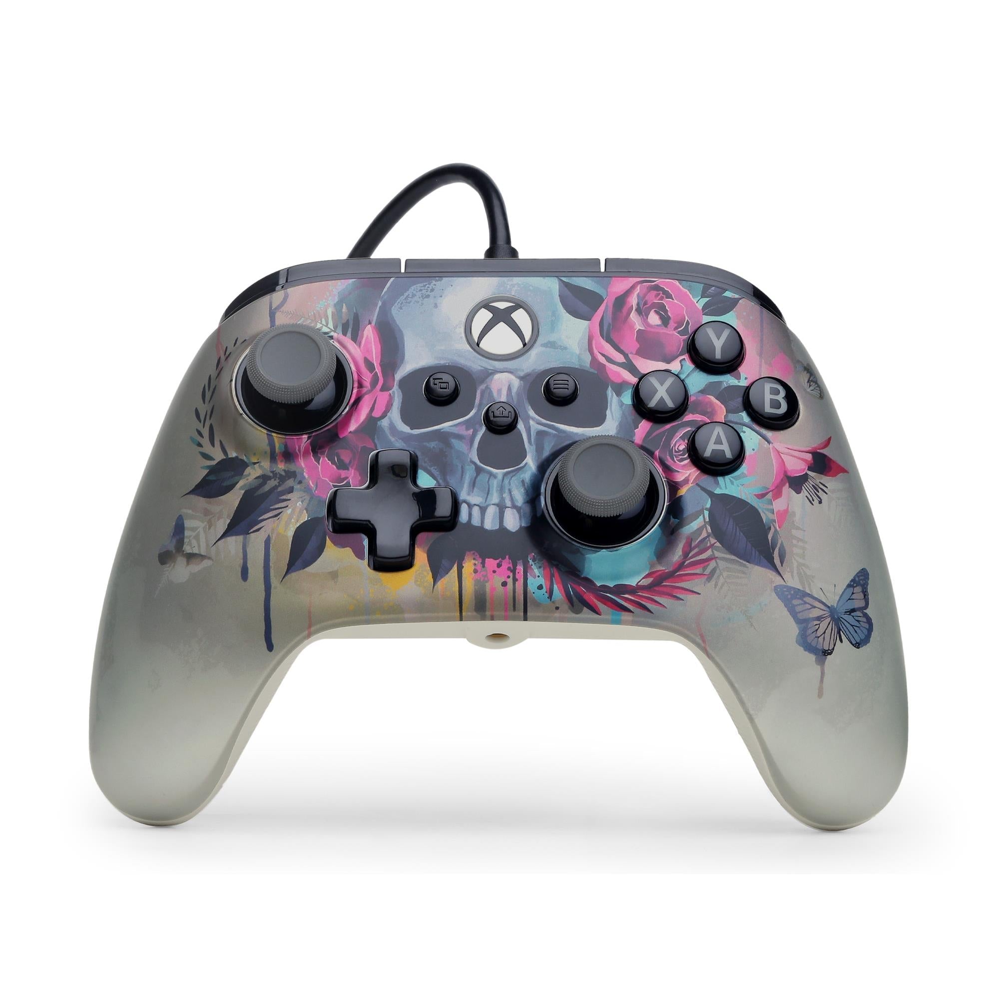 Wired Xbox controller with floral skull design, black sticks and colored face buttons