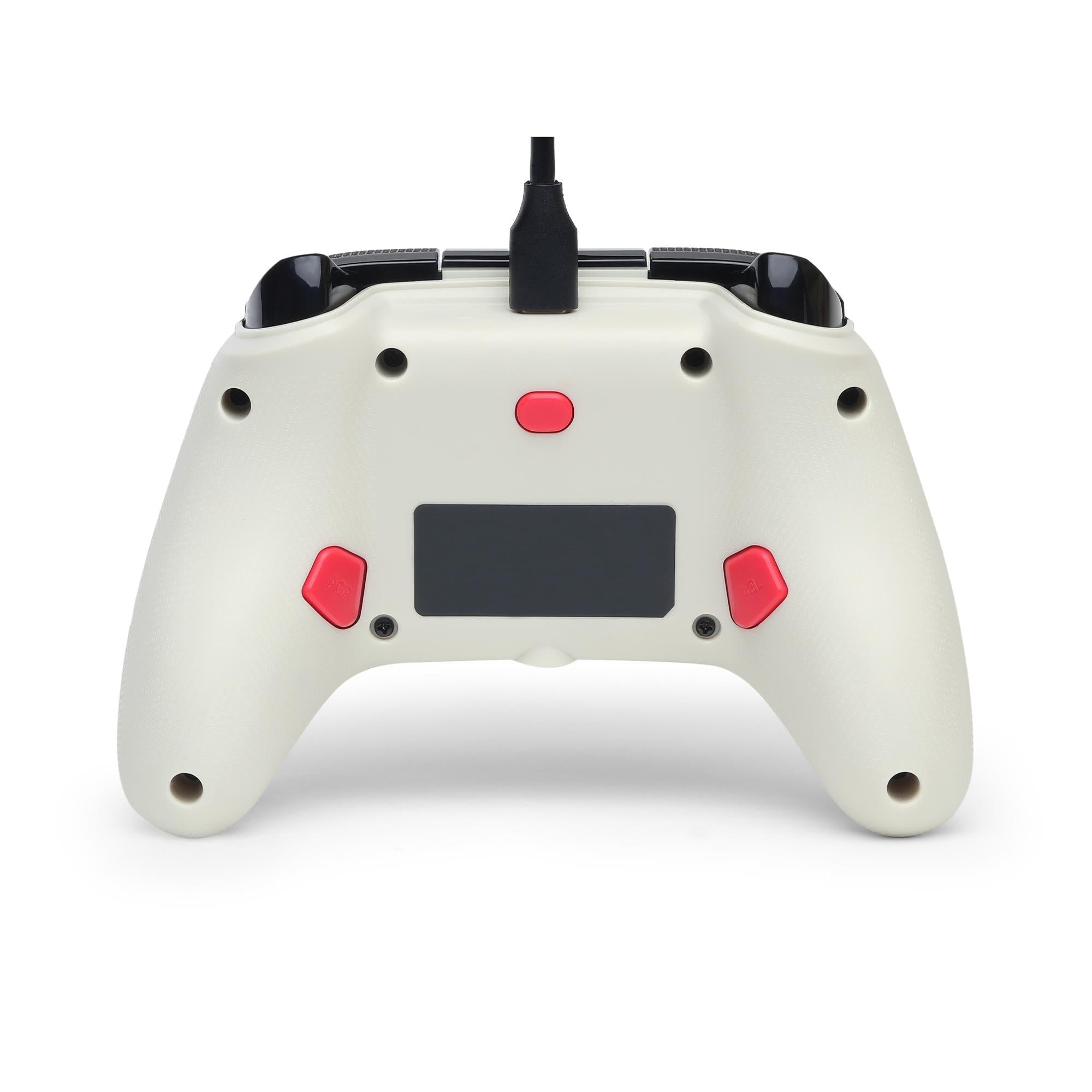 Wired Xbox controller back shell in light gray with red control button and ports
