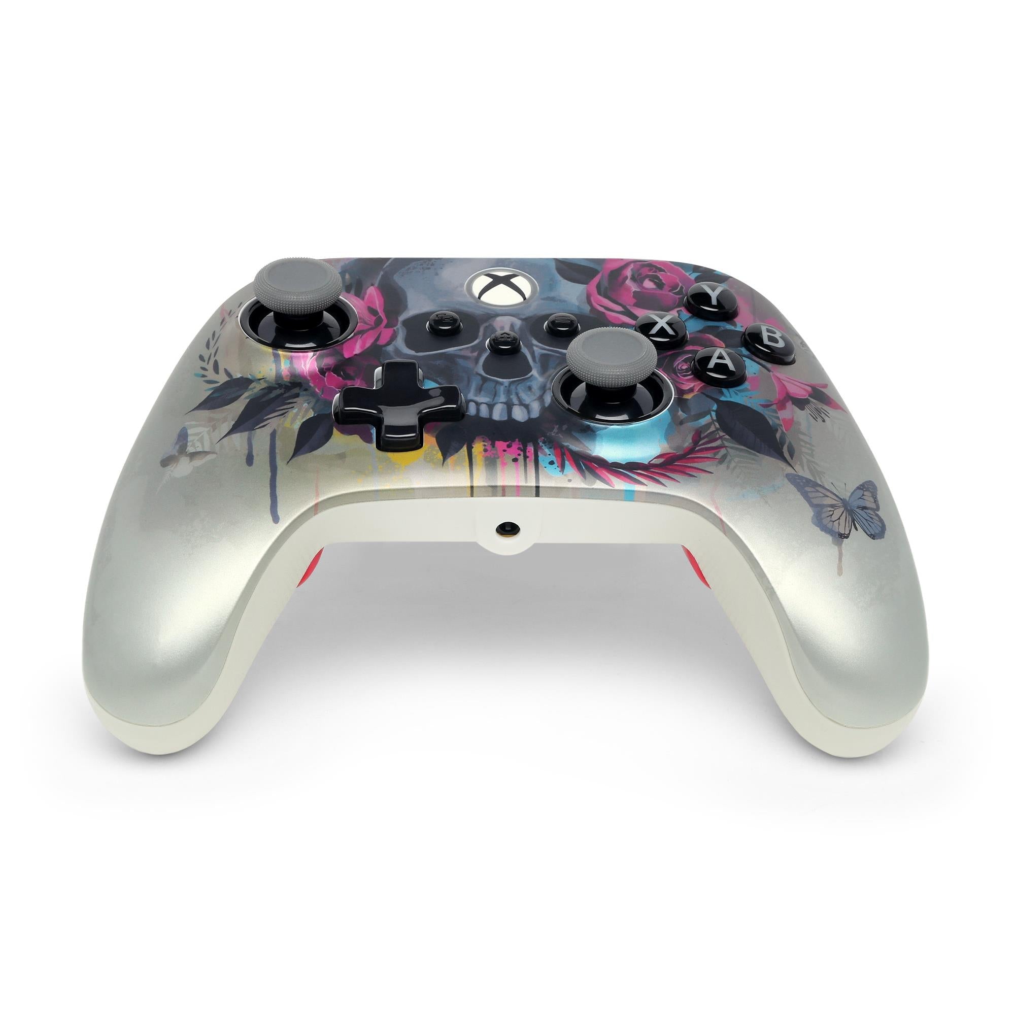 Wired Xbox controller front with floral skull graphic, rose accents, and colored buttons