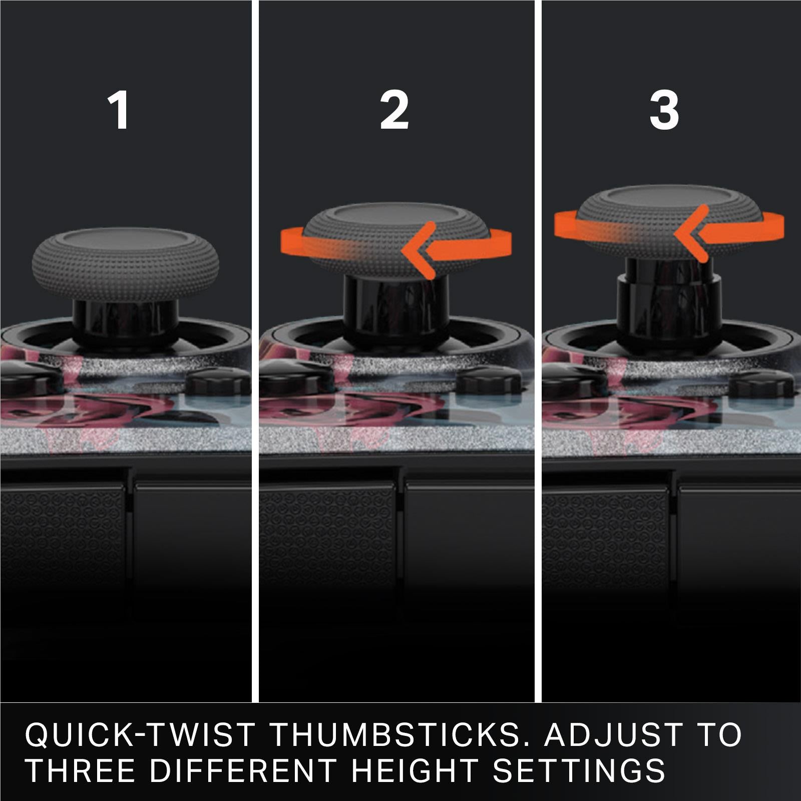 Thumbstick height adjustment view with orange indicator arrows on controller grips