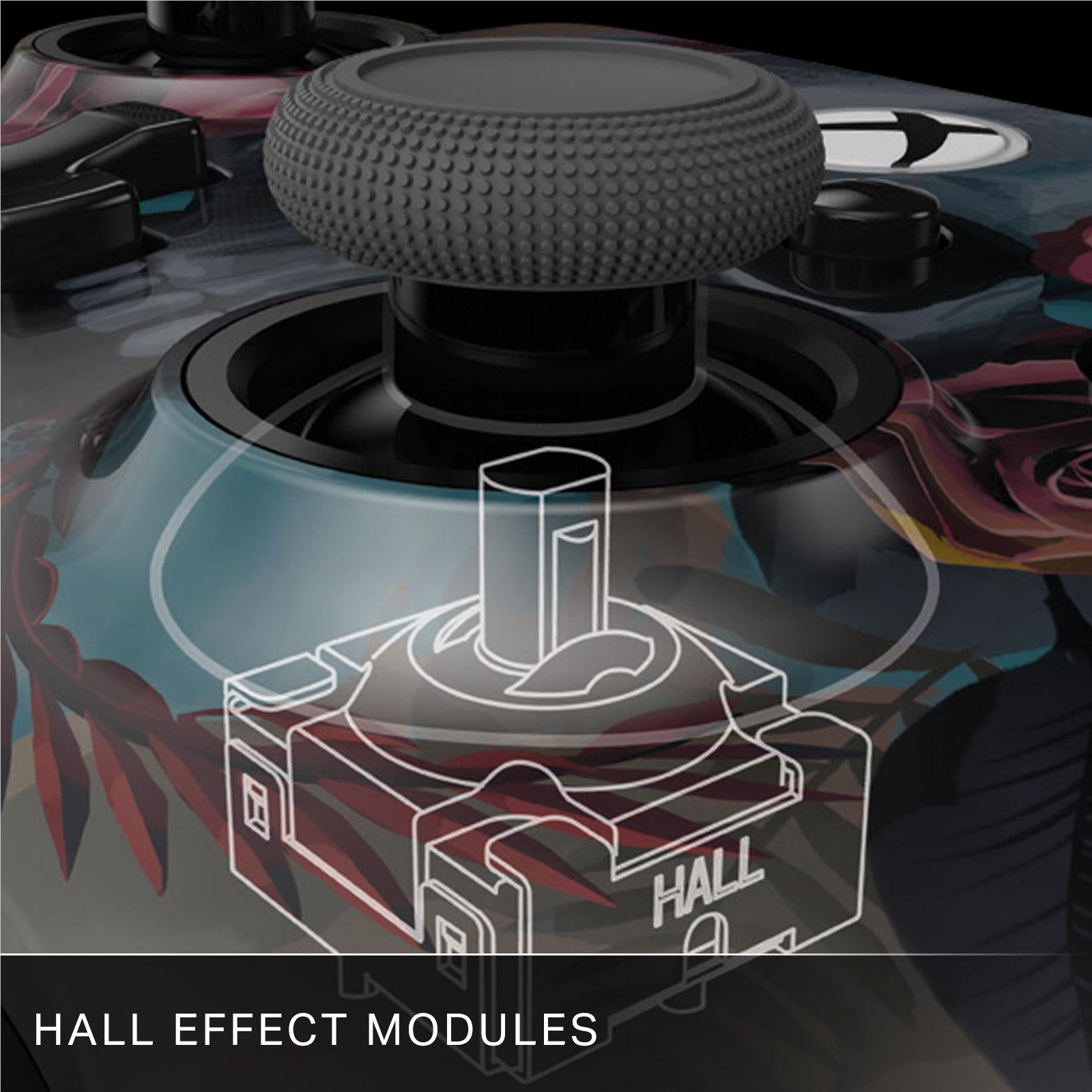Hall effect module close-up under thumbstick with white circuit outline