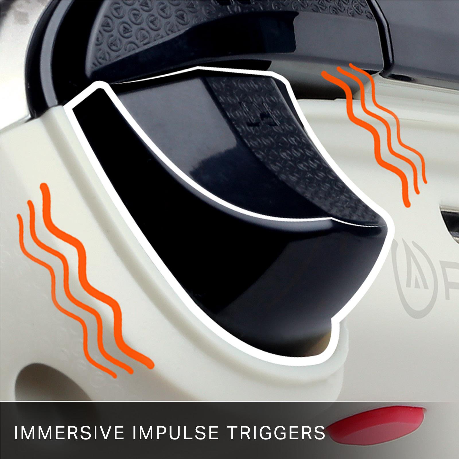 Immersive impulse trigger close-up with orange vibration lines on white controller body