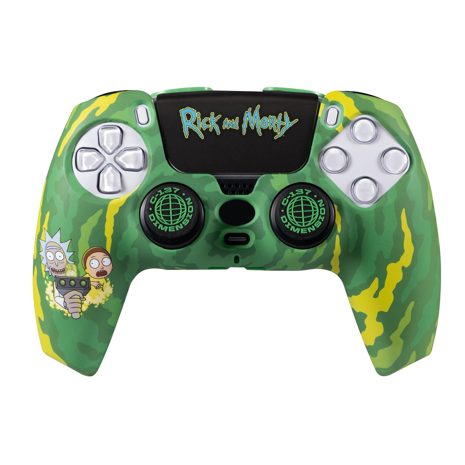Green camo PS5 DualSense controller with Rick and Morty decals and black thumbsticks