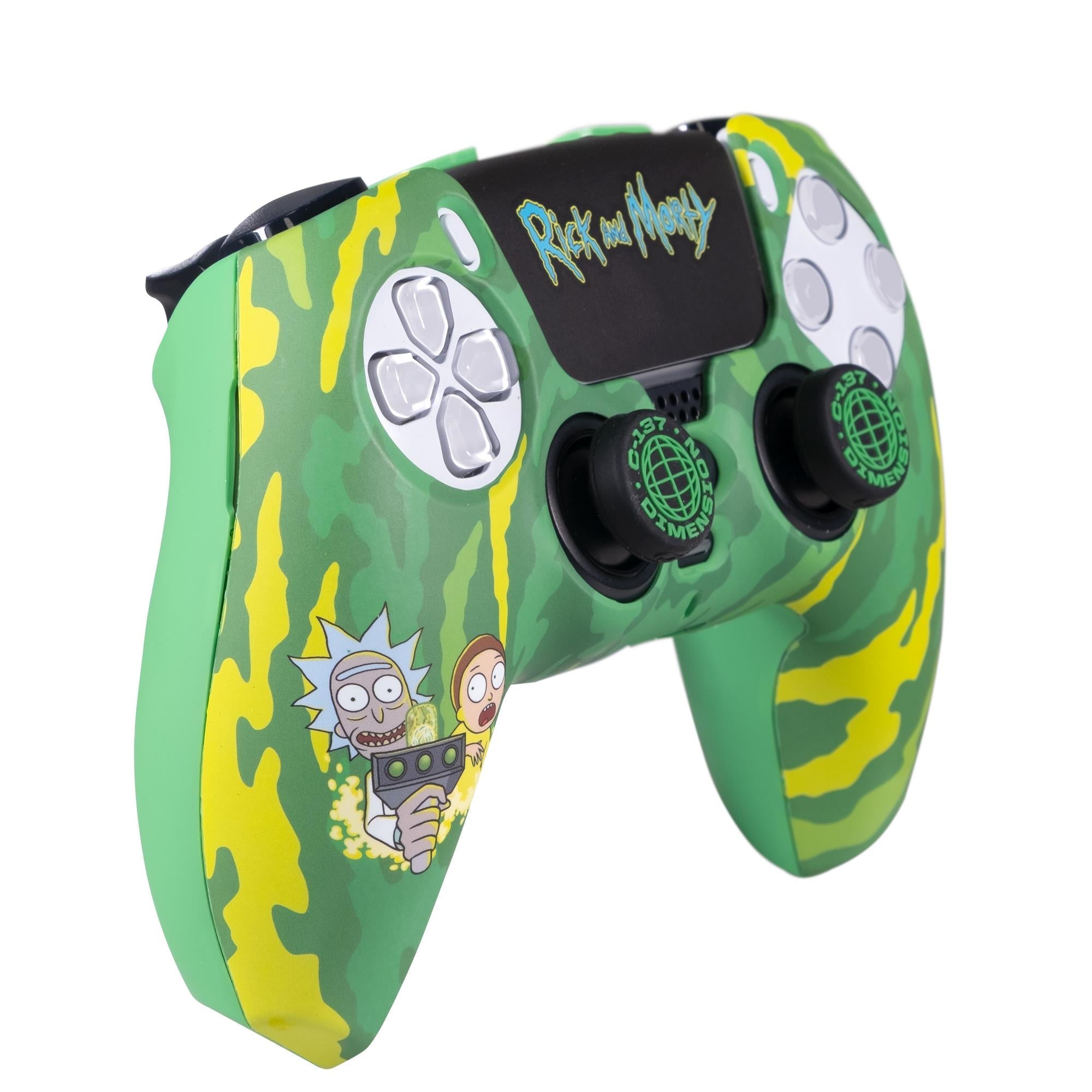 Green camo PS5 DualSense controller with Rick and Morty logo on touchpad and buttons