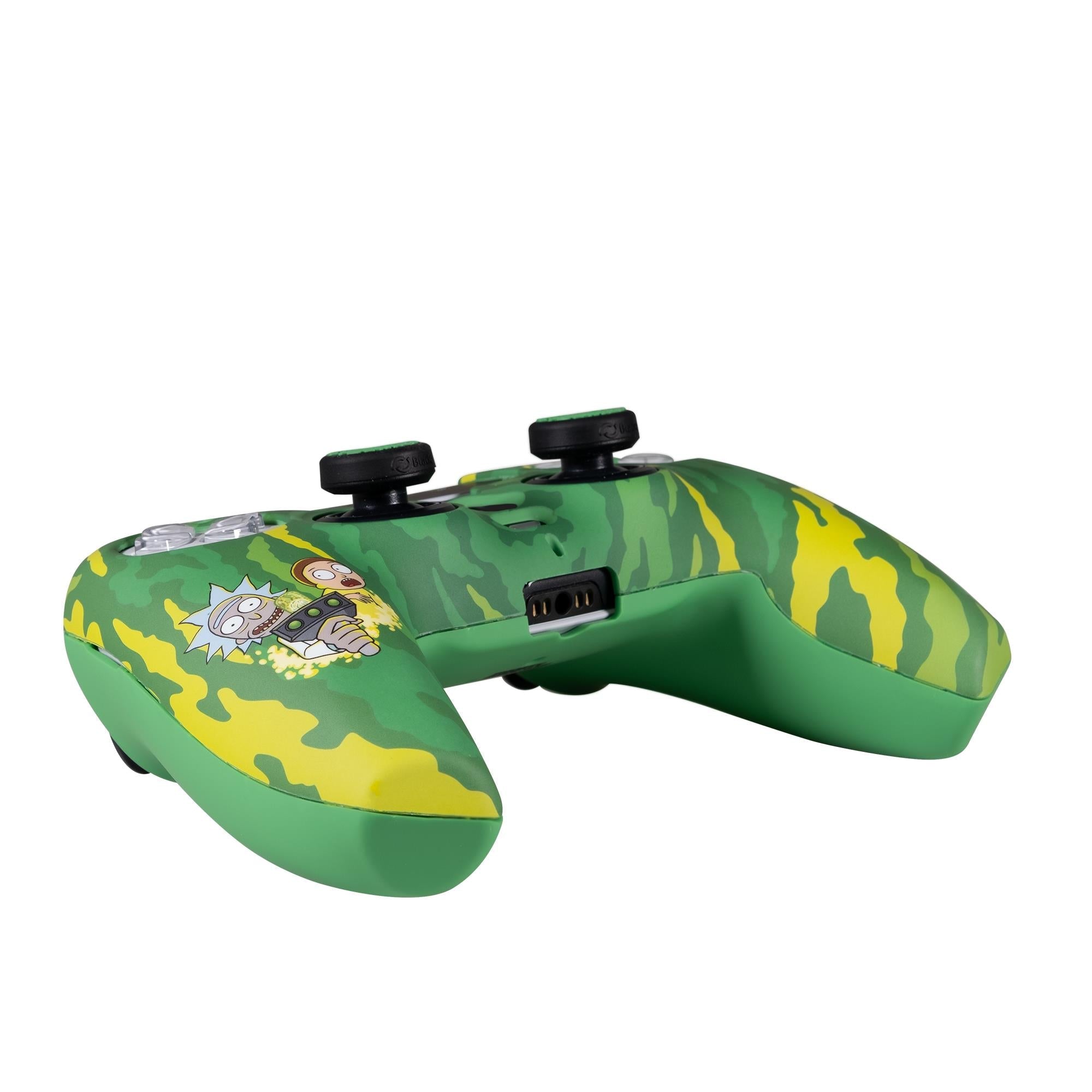 Green camo PS5 DualSense controller back with port cutouts and Rick and Morty art