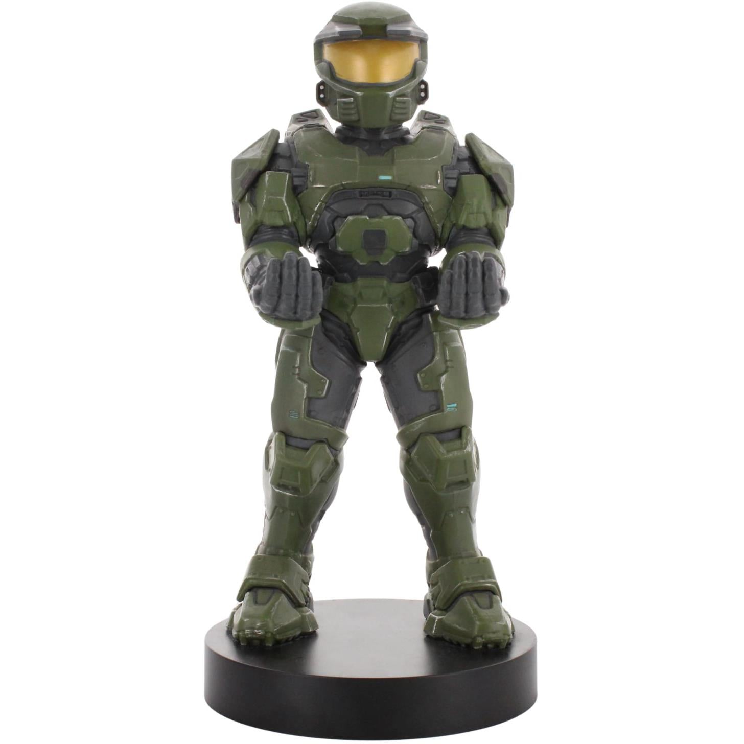 Green armored Master Chief figure phone stand with black base, arms raised