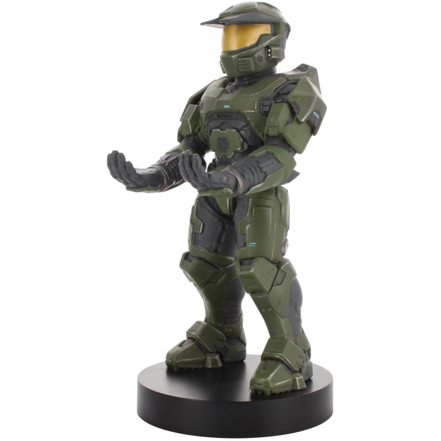Green armored sci-fi figure phone stand posing with fists out, black round base
