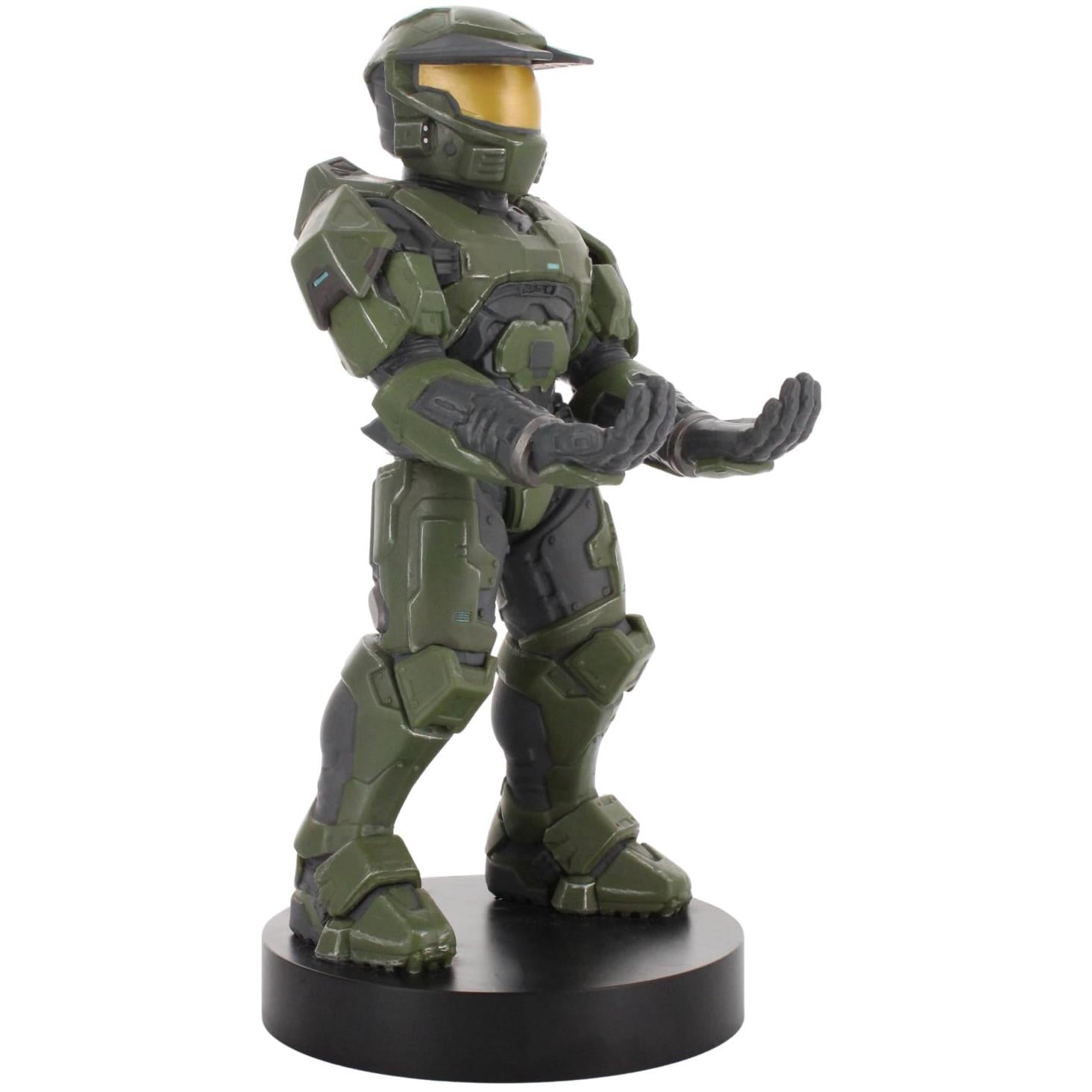 Green armored soldier phone stand figure with hand out, black round base