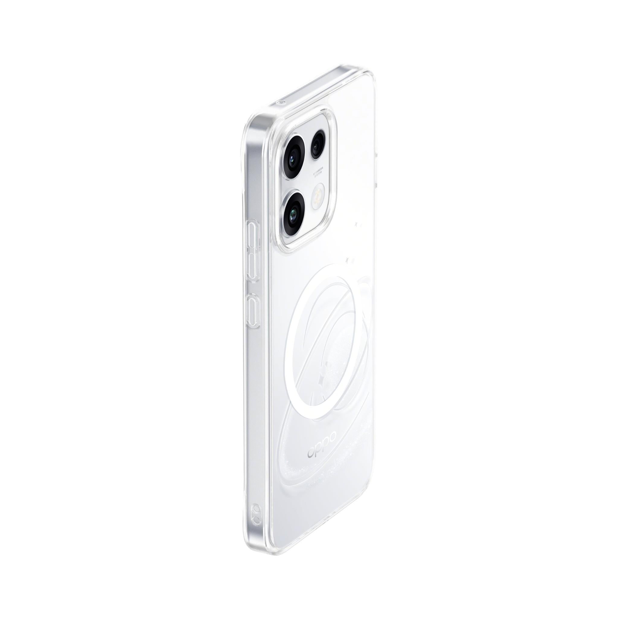 Clear magnetic phone case with circular ring, camera opening, and side button cutouts
