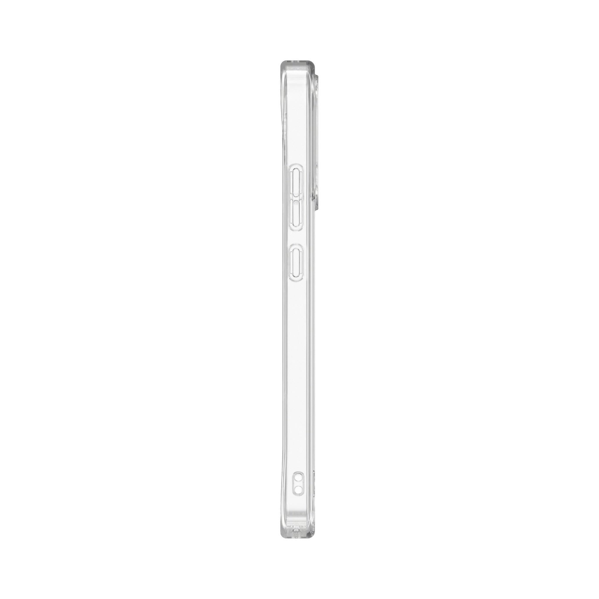 Clear magnetic phone case side view with button cutouts along the edge