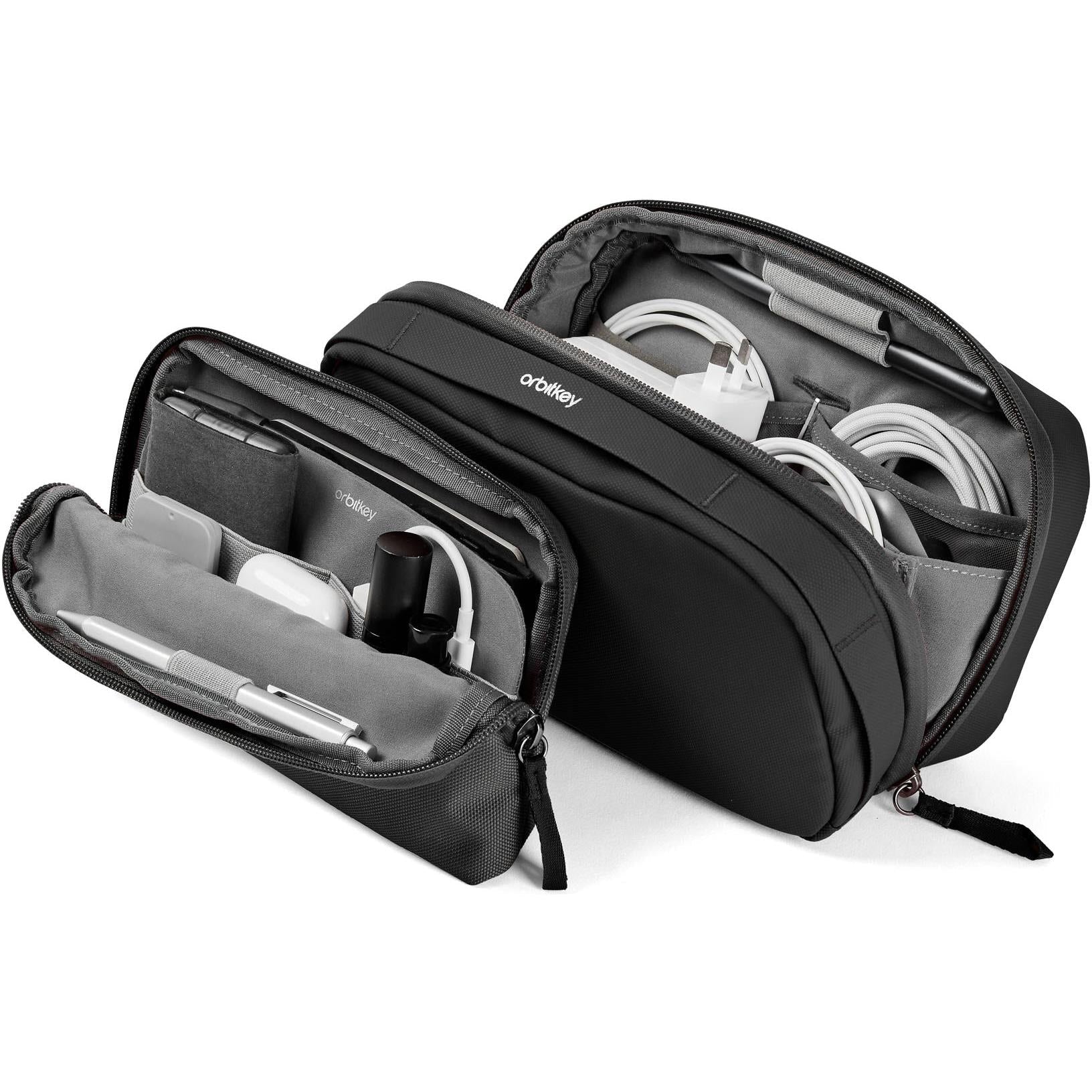 Expandable black tech pouch organiser with twin compartments and zip dividers