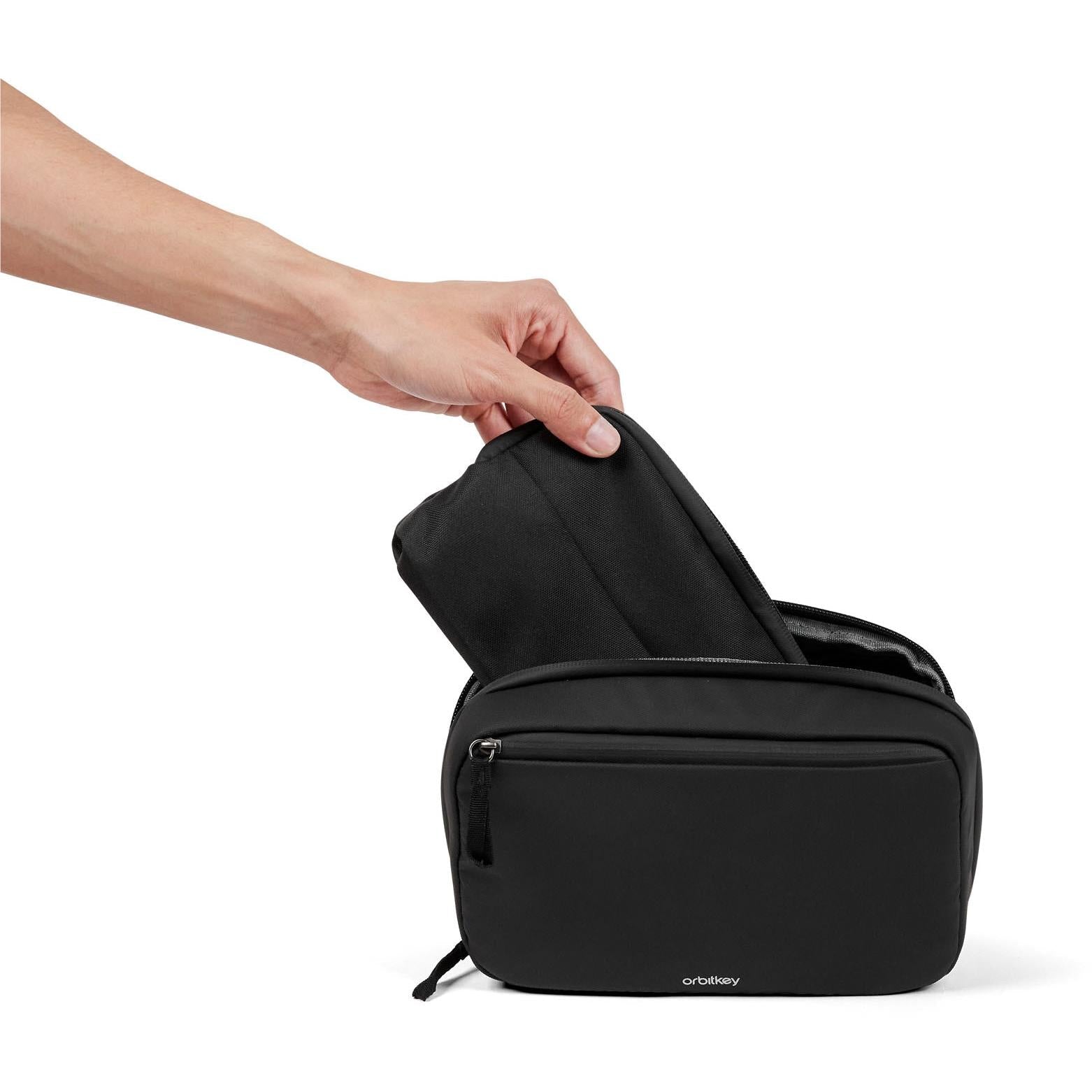 Black tech pouch organiser with curved end and front zipper closure
