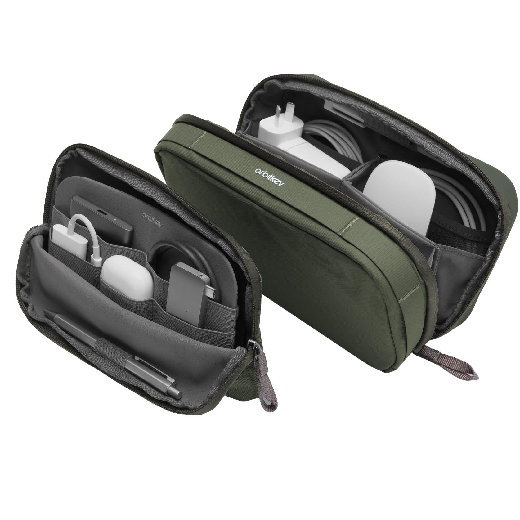 2-in-1 tech pouch set in olive green with two compartments and internal cable slots