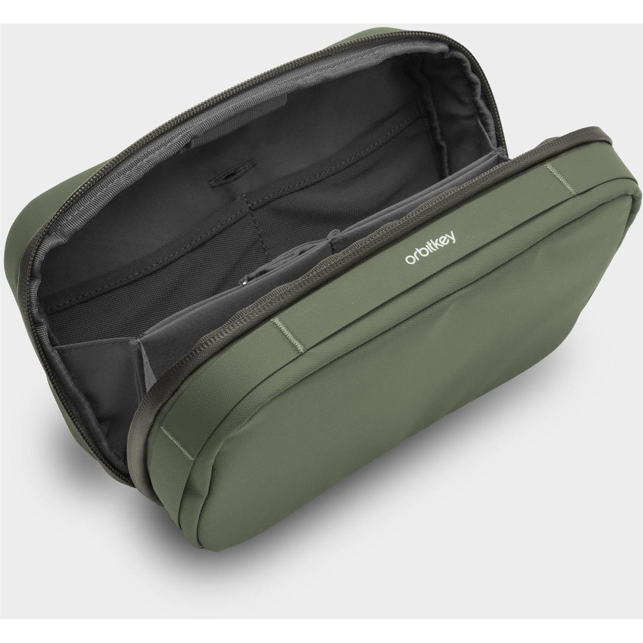 Olive green 2-in-1 tech pouch with zipper opening and internal dividers