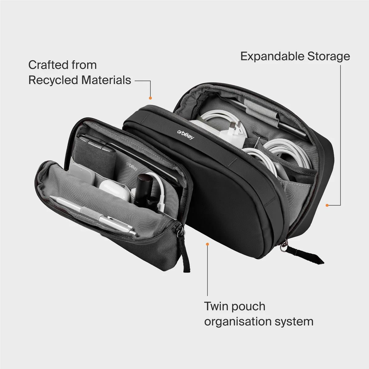 Black interior view of tech pouch showing two compartments and twin pouch organization system