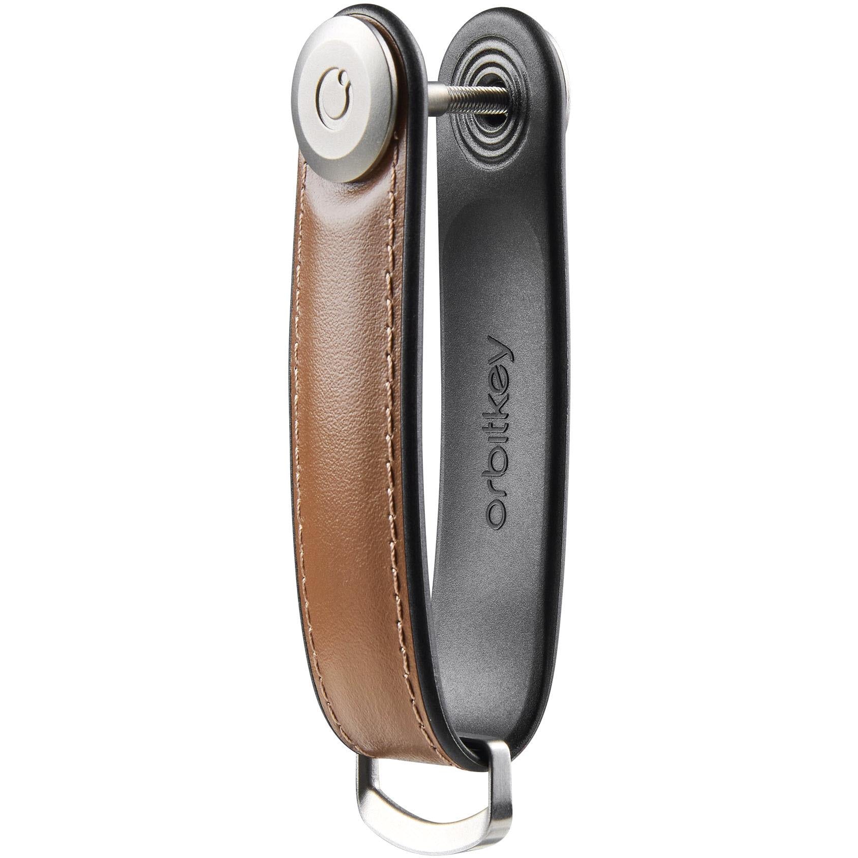 Brown leather key holder with D-ring loop and black key-ring housing.
