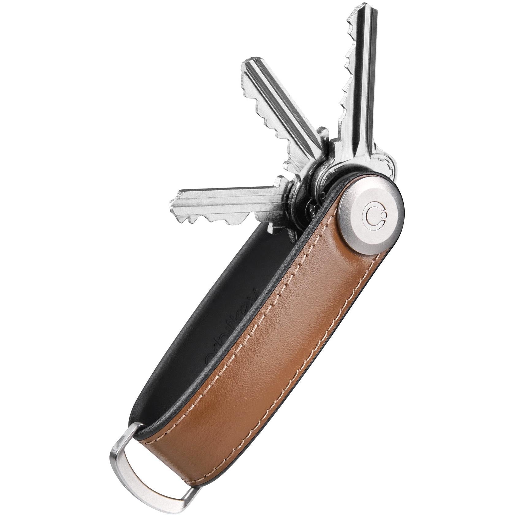 Brown leather key holder strap with metal D-ring and attached keys.