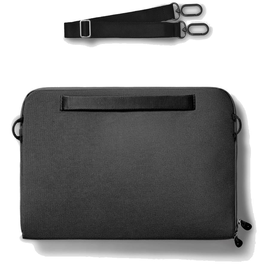 Black laptop sleeve front with stitched handle strap and two metal attachment loops