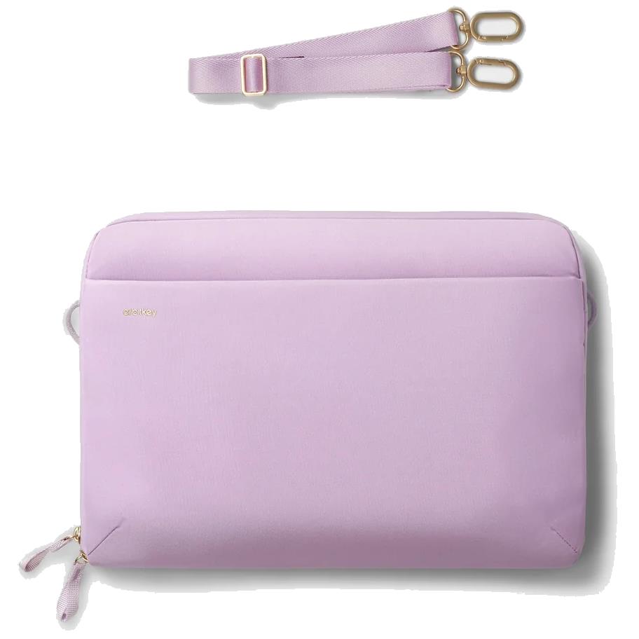 Lilac zip-up laptop sleeve with top carry strap and metal rings