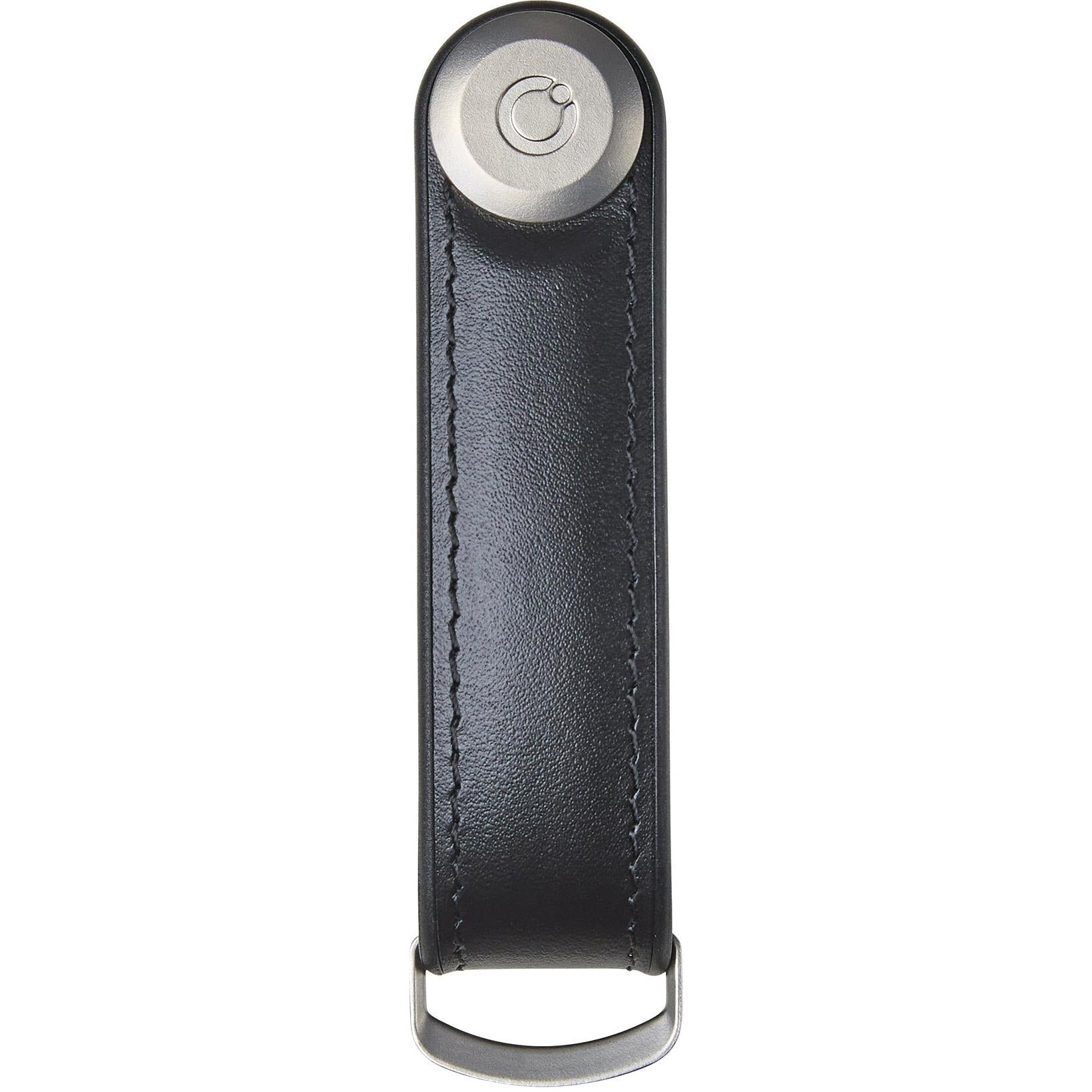 Black leather key organiser with round lock cap and hanging ring