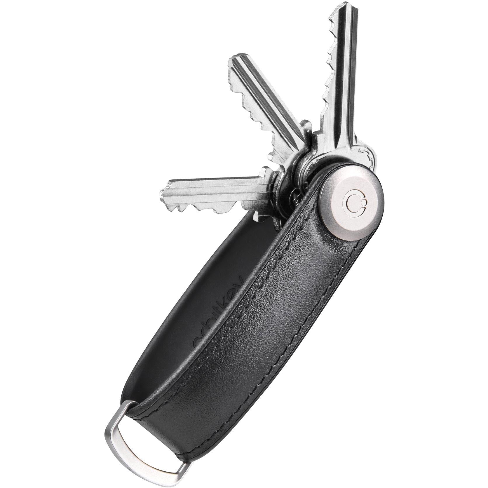 Black leather key organiser with keys folded out and metal locking head