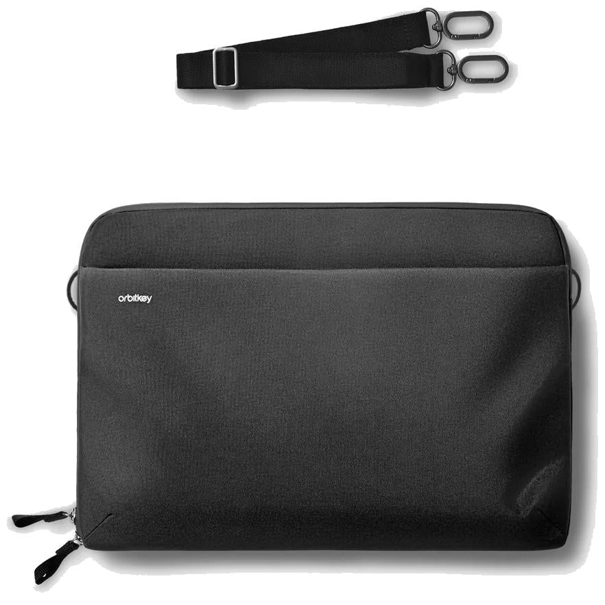Black laptop sleeve with front zipper pocket and webbing shoulder strap clips.