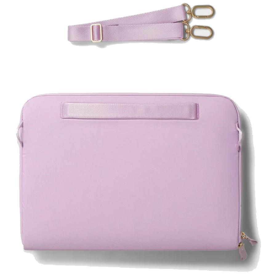 Lilac 16-inch laptop sleeve with front stitched panel and top strap attachment tabs