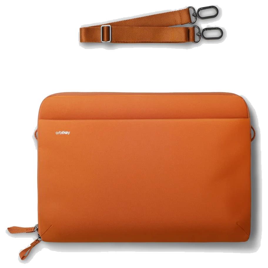 Terracotta zip laptop sleeve with shoulder strap and reinforced metal hardware