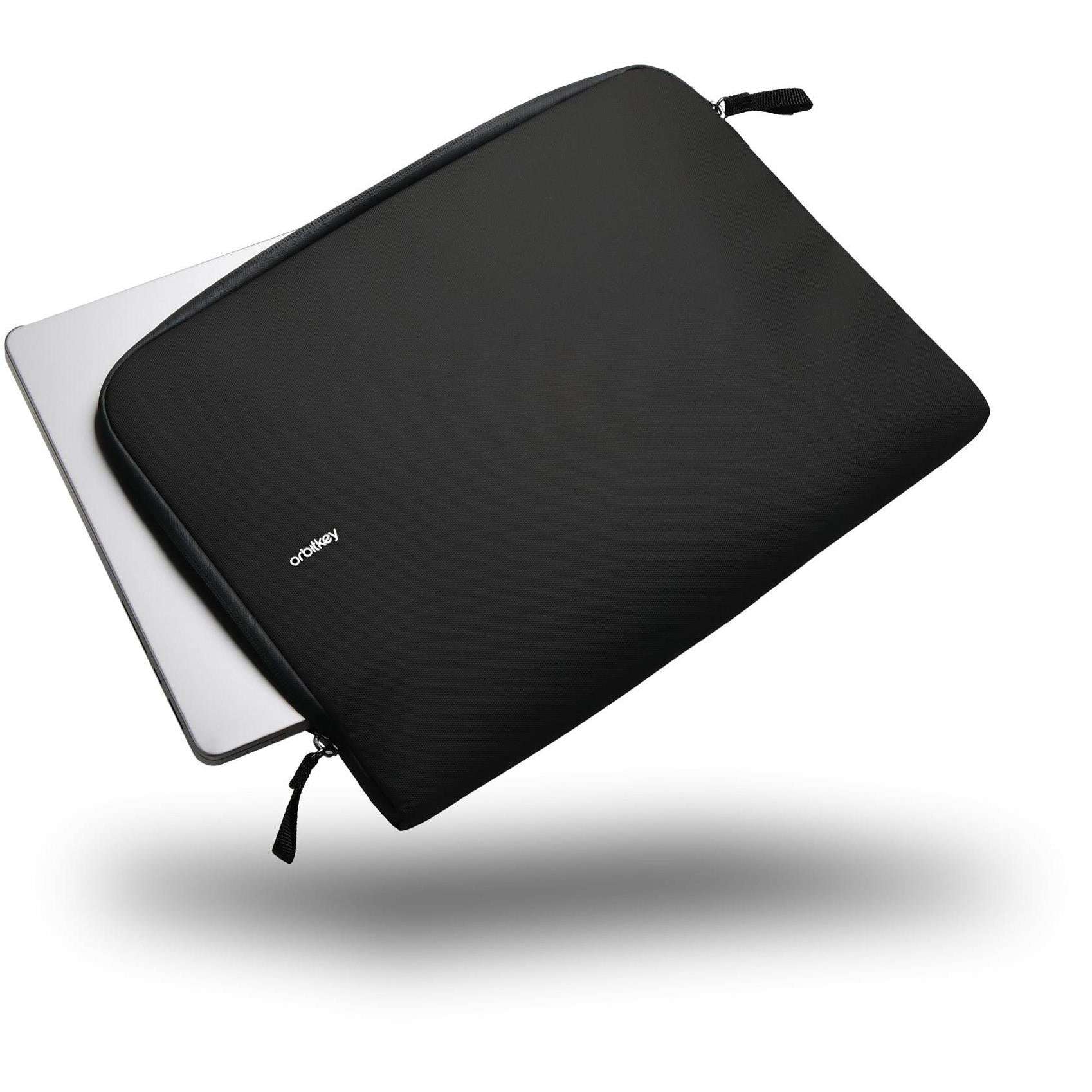 Black 16-inch laptop sleeve, zipped with top carry handle and padded shell