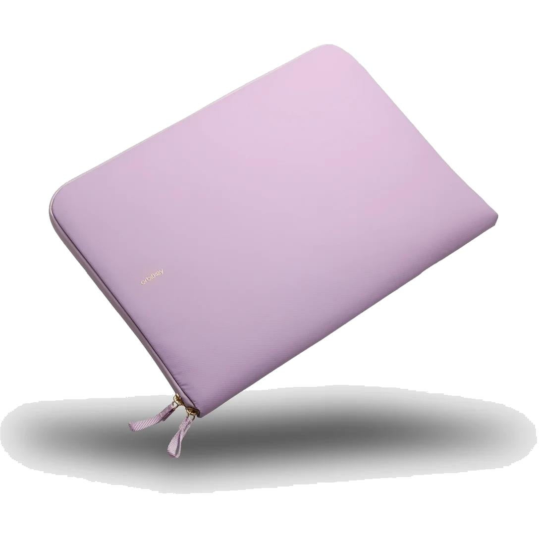 Lilac slim 16-inch laptop sleeve with zip closure and small rear pull strap