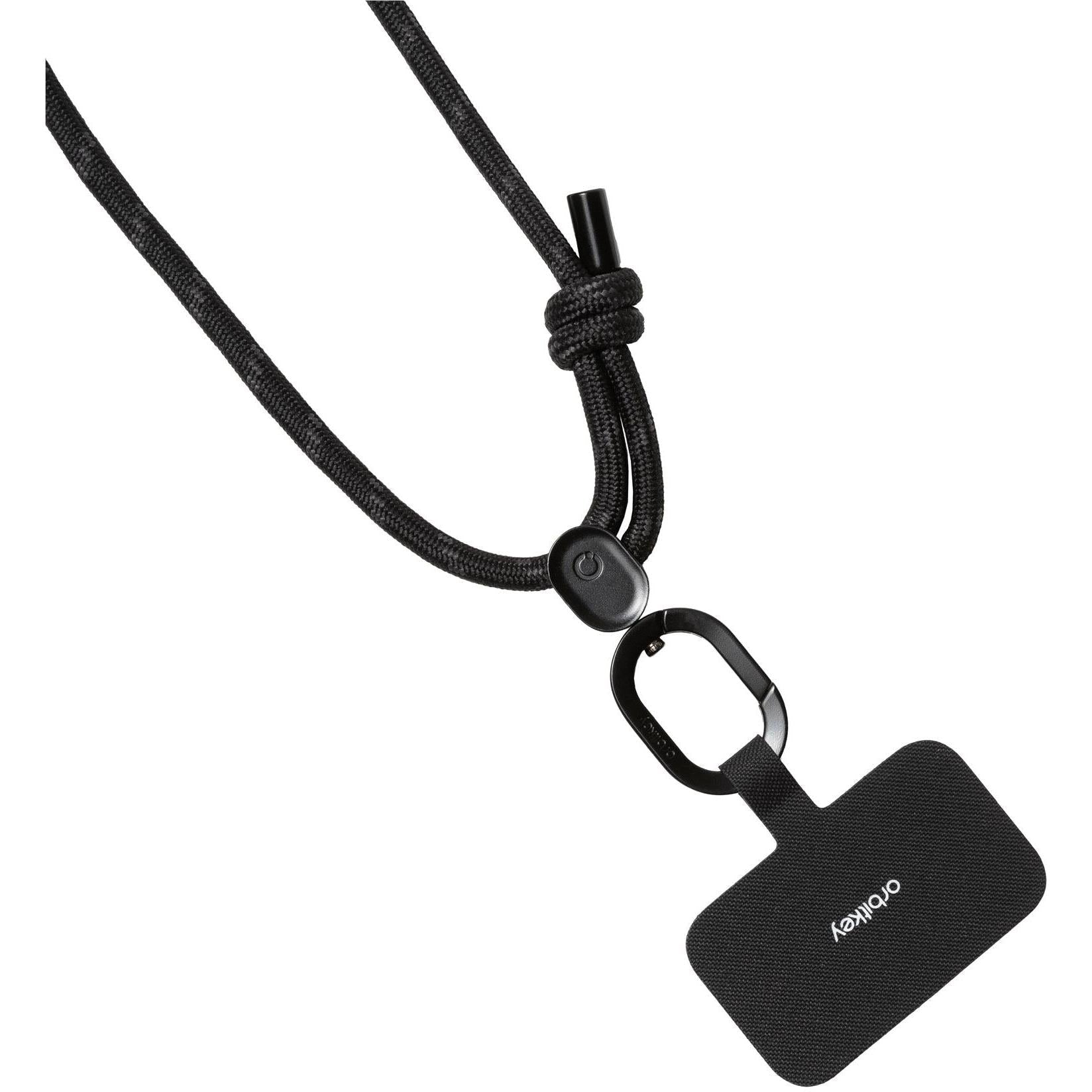 Black woven crossbody phone strap with braided cord, knot tie, and ring clip