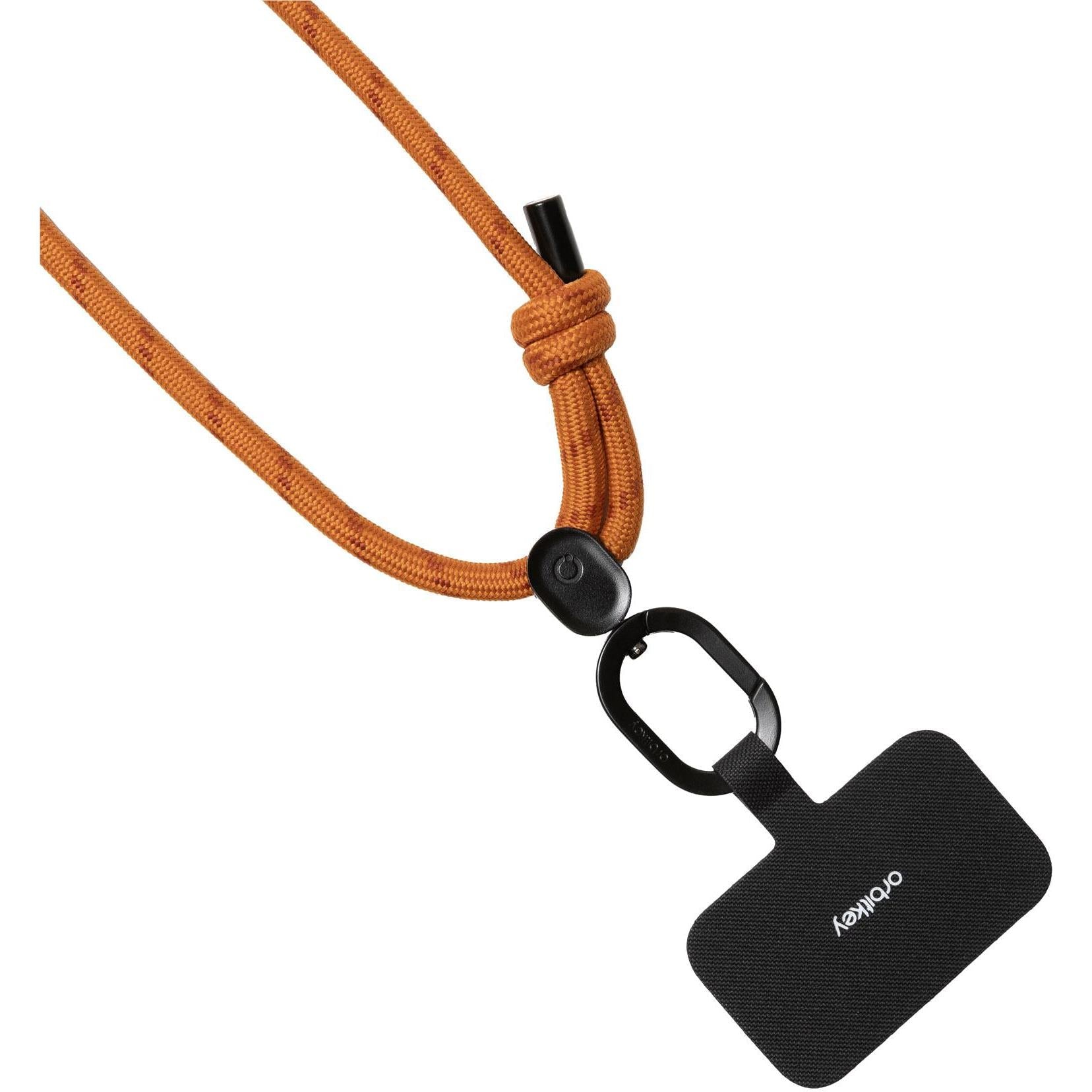 Terracotta crossbody phone strap with anti-tangle cord, black holder and clasp
