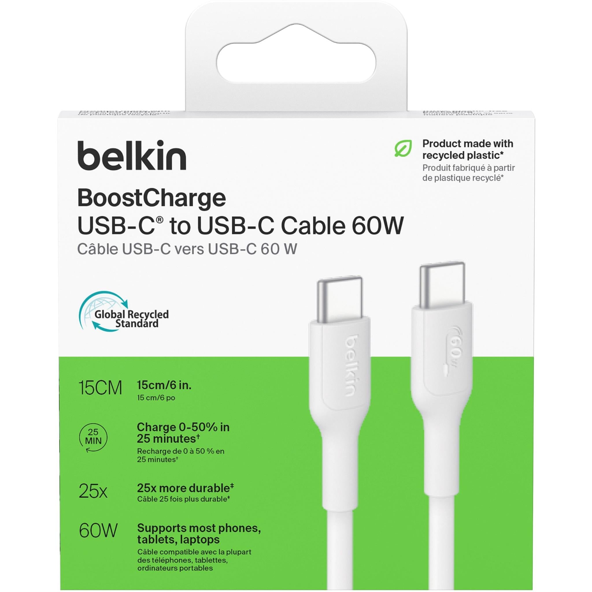 Belkin BoostCharge 15cm USB-C to USB-C 60W cable, white, image 2 - USB Cables & Adapters at Tech Supply Shed NZ