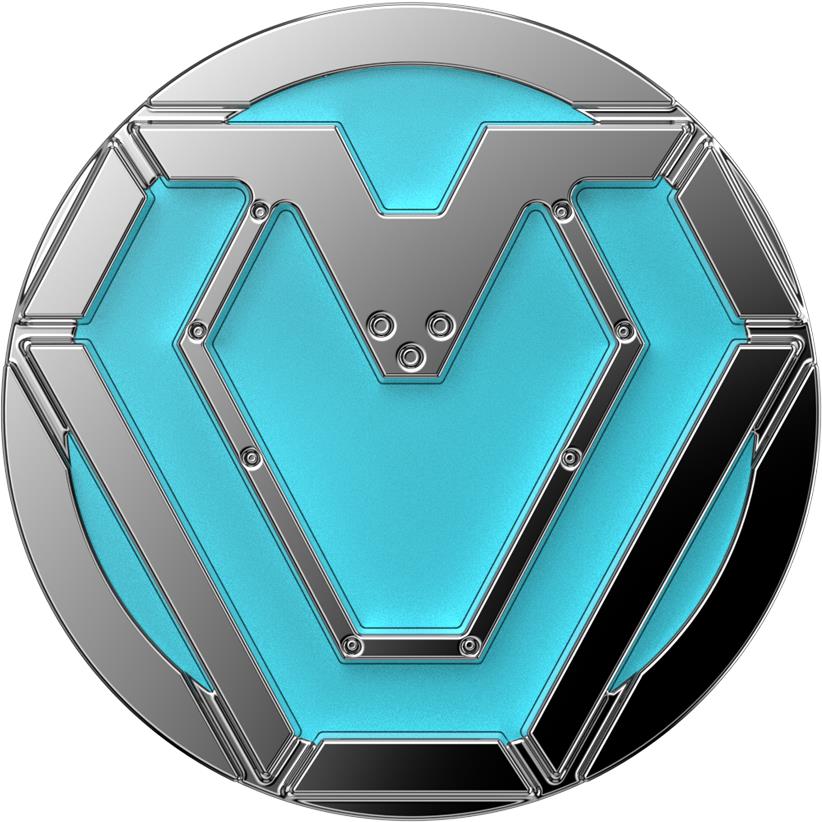 Blue enamel PopGrip phone stand with Ironheart-style metallic V design