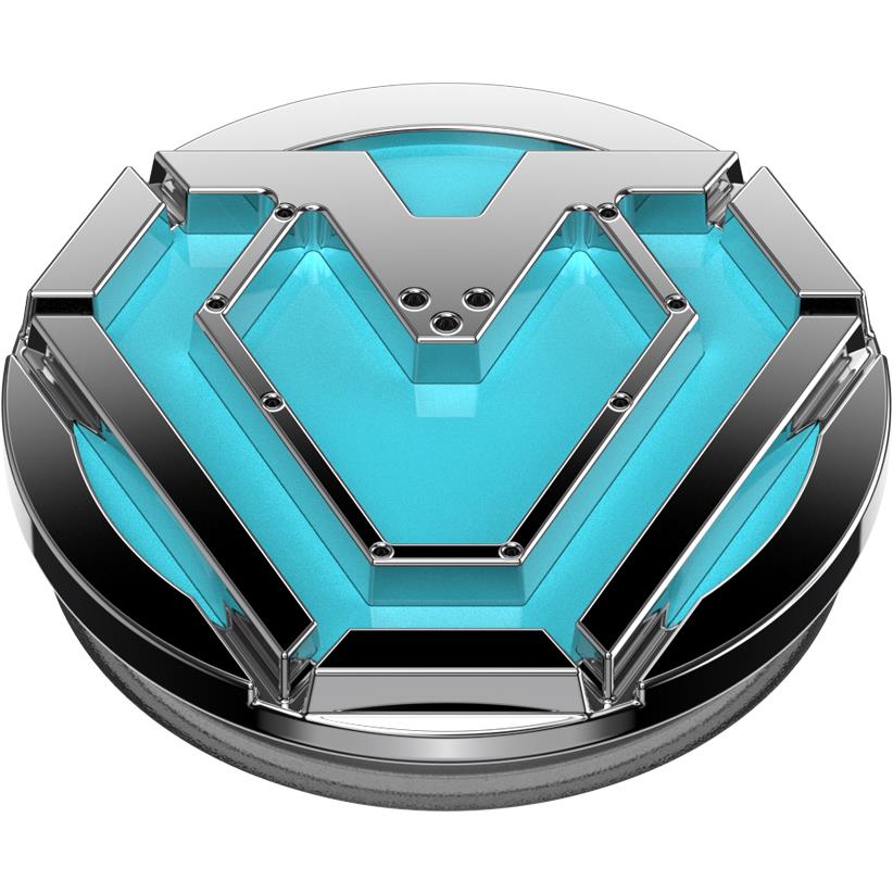 Blue enamel PopGrip phone stand with raised metallic V panels