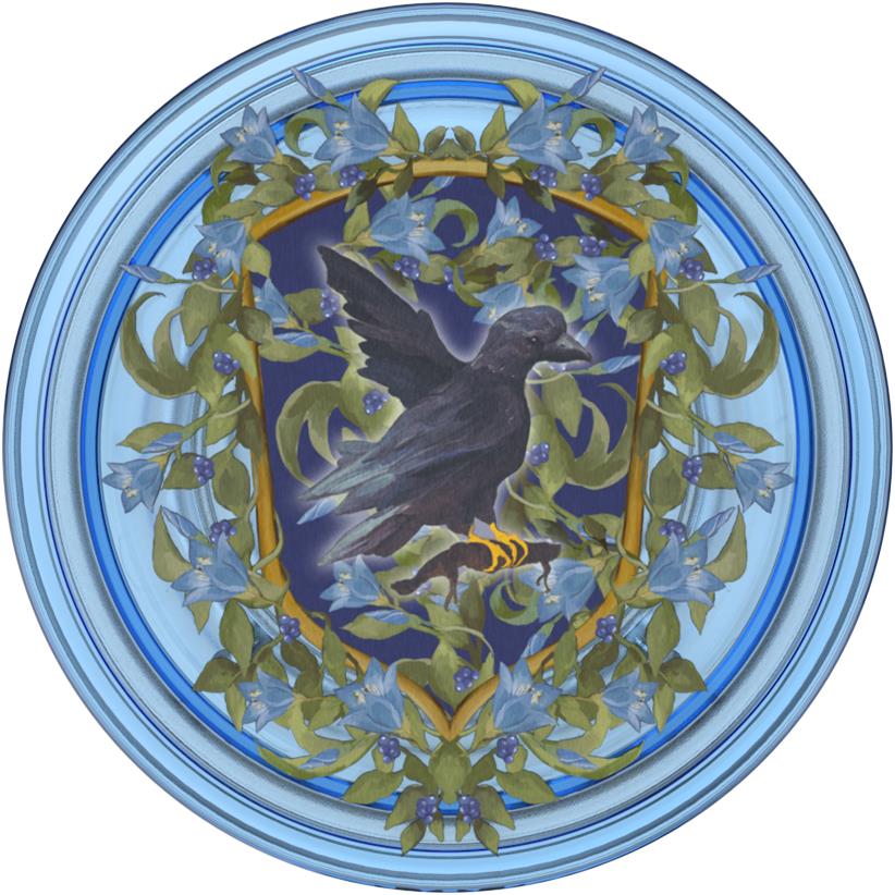 Blue round phone grip PopGrip with Ravenclaw-style crest, raven and floral ring