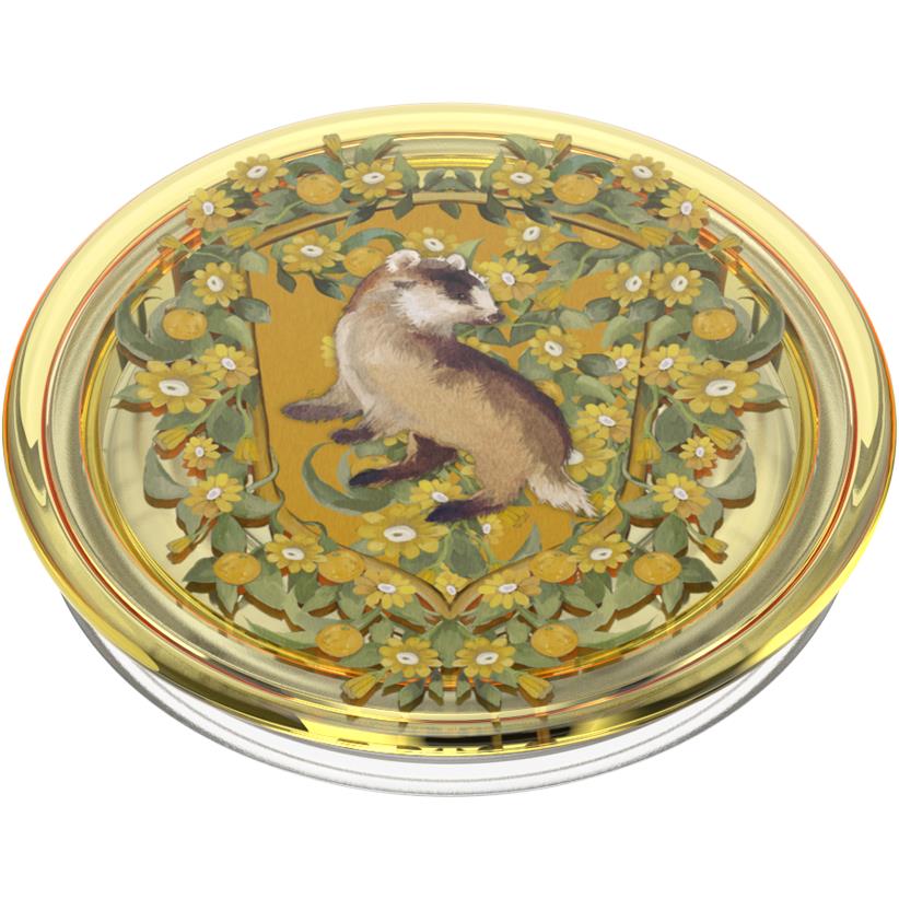 Yellow PopGrip phone grip with circular floral crest pattern and gold rim