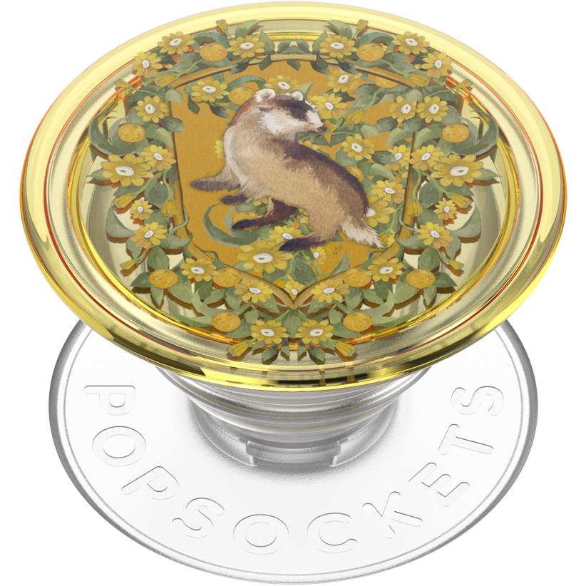 PopGrip phone grip base with silver embossed backing and yellow floral crest top