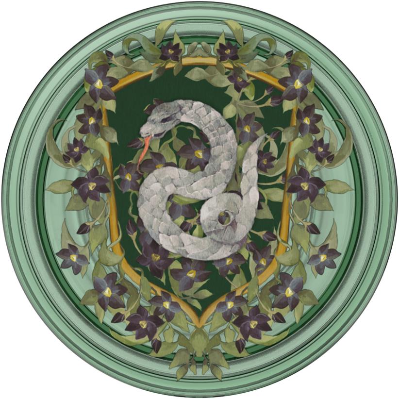 Green circular phone grip with gray serpent and purple floral crest design