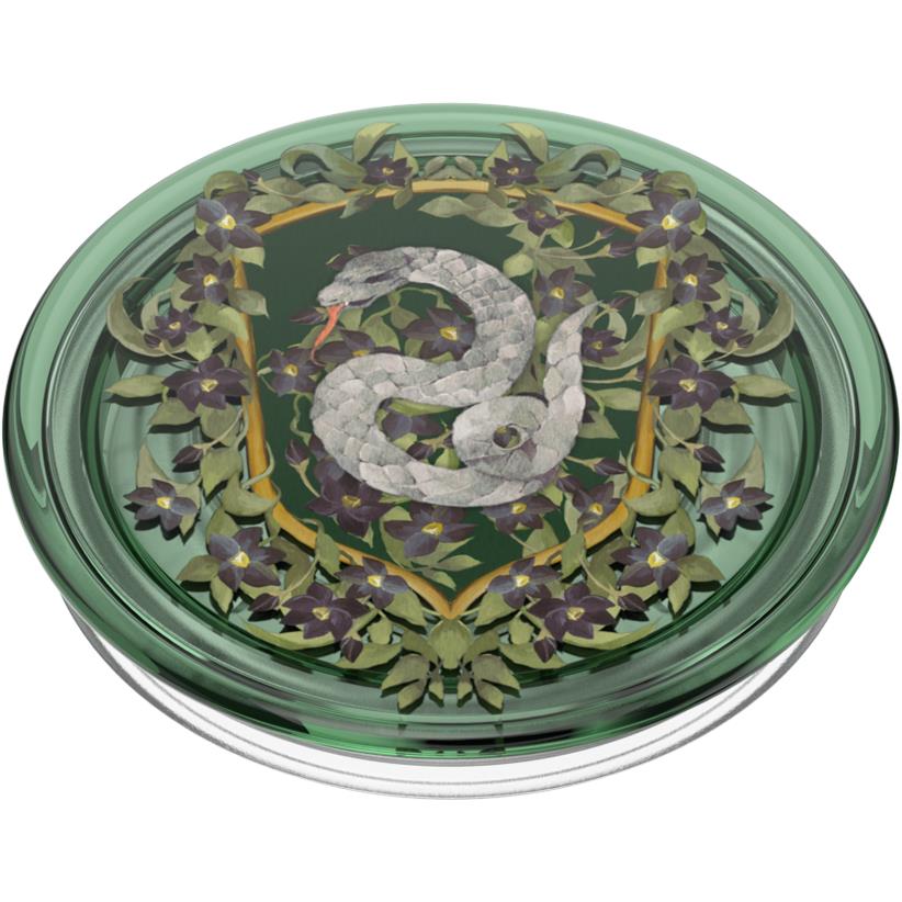 Green domed phone grip with gray serpent and floral crest, clear round edges