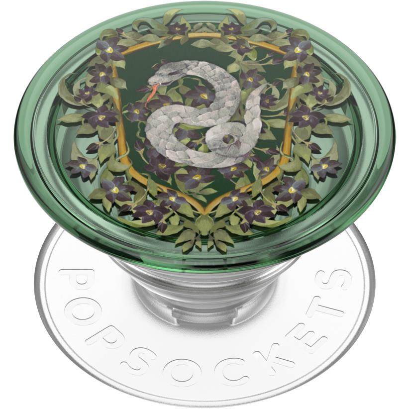 Green domed PopGrip with gray serpent and floral crest; silver pop socket base