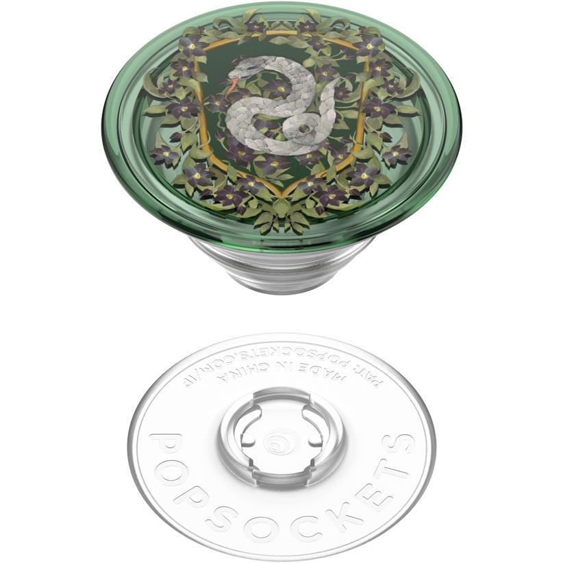 Green PopGrip top with gray serpent floral crest; silver bottom with pop socket marks